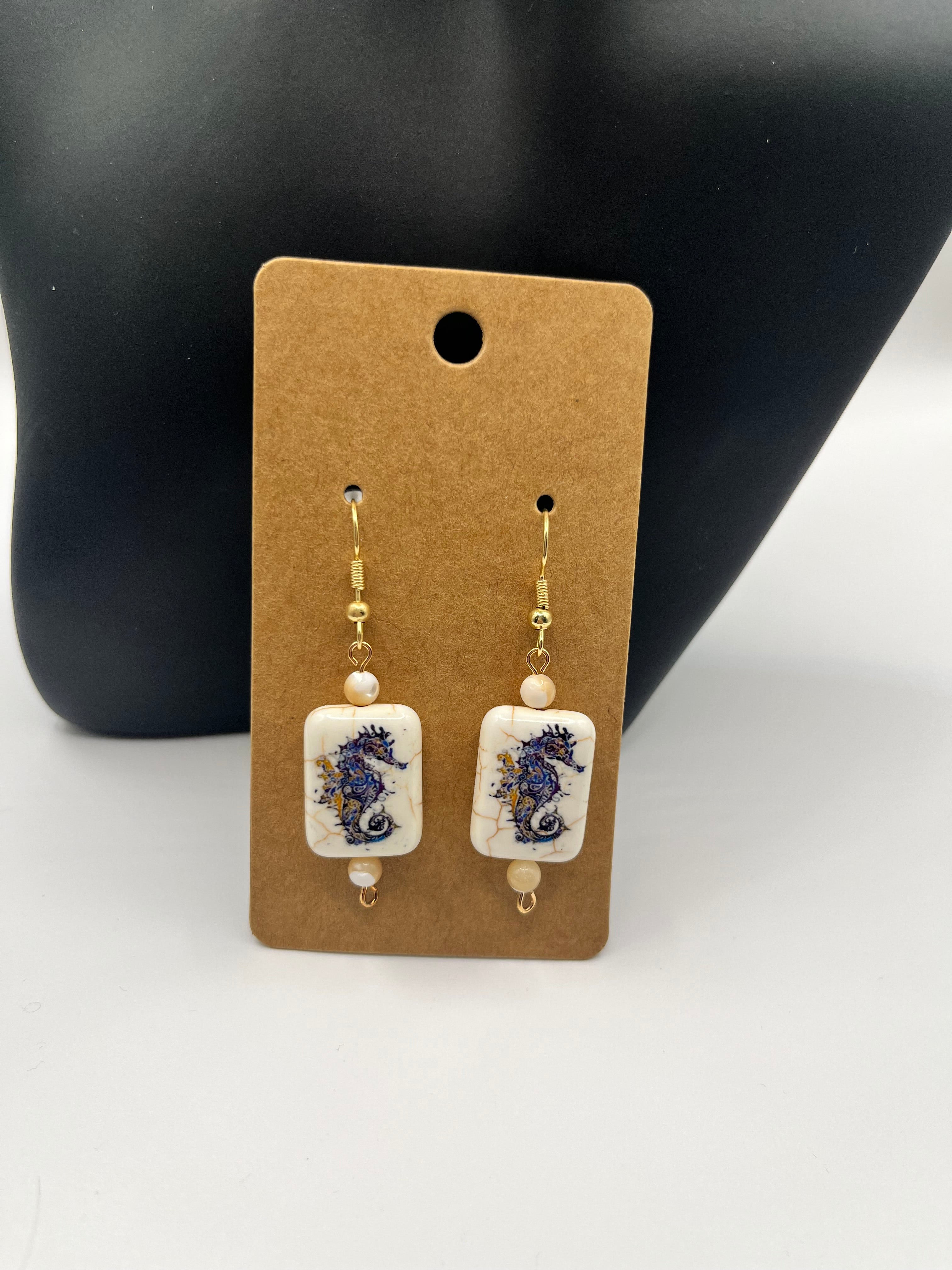 Fossil Print Seahorse Earrings